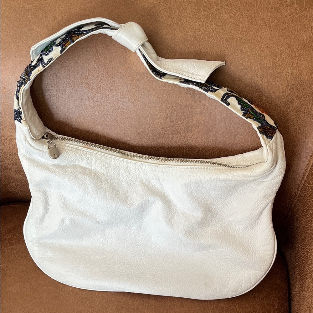 Elegant White Leather Shoulder Bag With Colorful Beading Detail on Strap